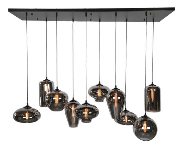 Hanglamp smoke bolls met 8 bollen en plafondplaat, Ophalen, Gebruikt, Glas, Modern