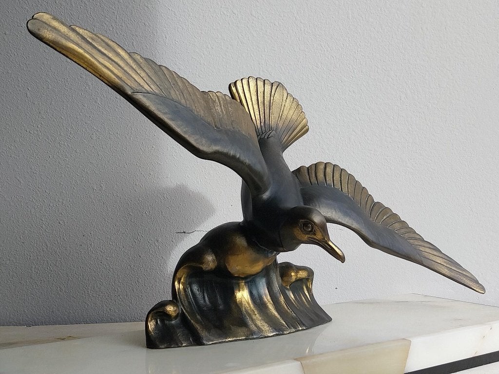 Art Deco meeuwen beeld zamak marmer 48 cm, Art deco, Gepatineerd, Ophalen of Verzenden, 20 - 50 cm