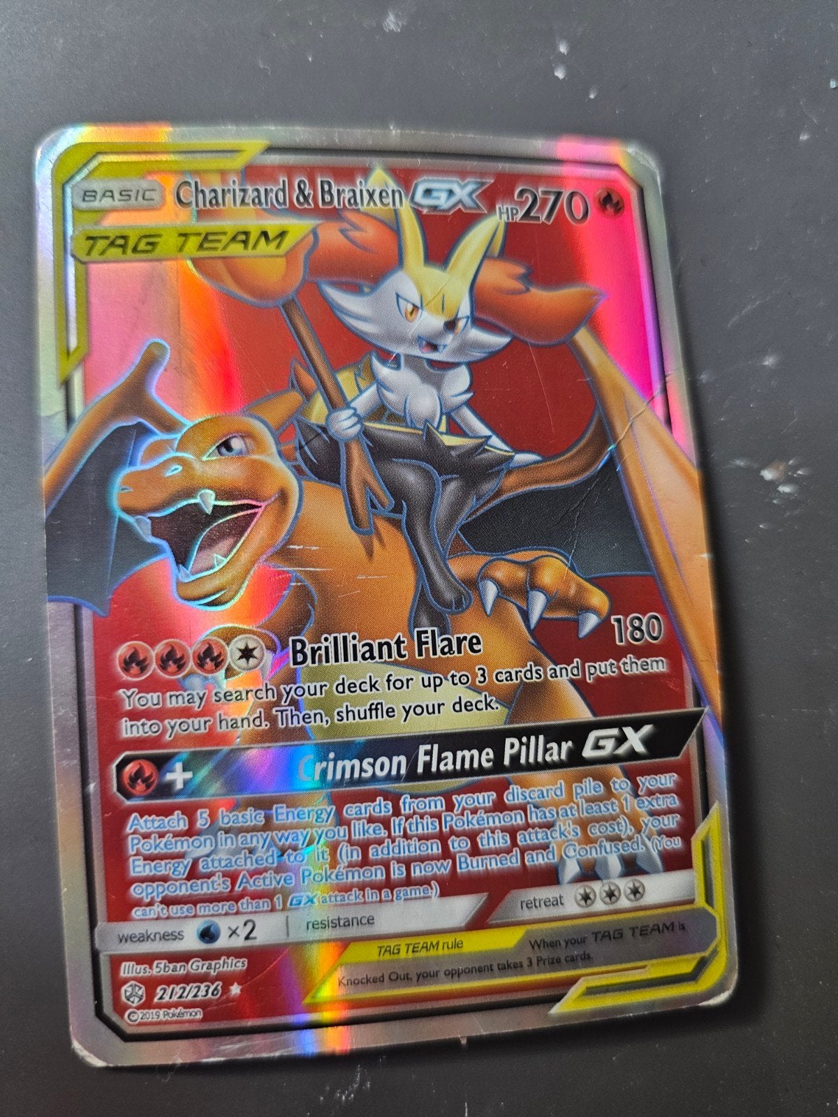 Pokémon Kaart: Charizard & Braixen GX TAG TEAM (Foil), Ophalen of Verzenden, Gebruikt, Losse kaart, Foil
