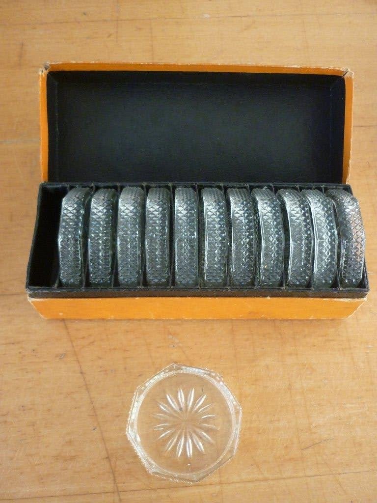 Set glazen onderzettertjes in originele doos, Antiek en Kunst, Curiosa en Brocante, Ophalen of Verzenden