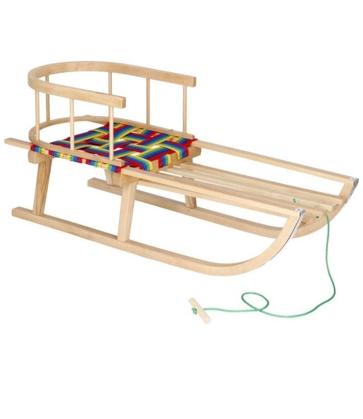 Houten slee met rugleuning en trekkoord, Ophalen, Rugleuning, Nieuw