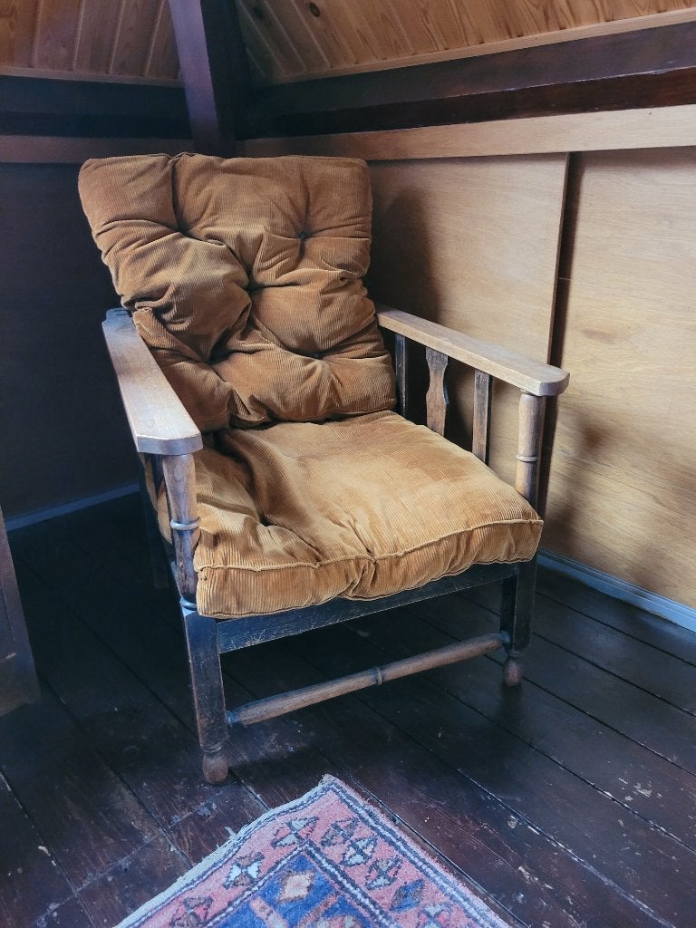 Vintage fauteuil hout, verstelbaar rugleuning, Ophalen, Gebruikt, 75 tot 100 cm, 50 tot 75 cm