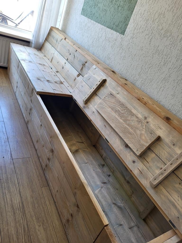Steigerhouten klepbank met opbergruimte, Ophalen, Driepersoons, 75 tot 100 cm, Zo goed als nieuw