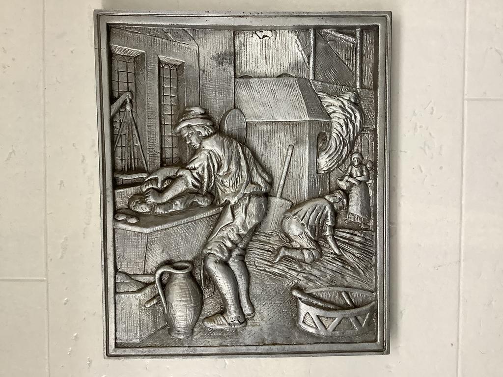 Wandreliëf metalen schilderij plaat bakker middeleeuwen tin, Antiek en Kunst, Ophalen of Verzenden