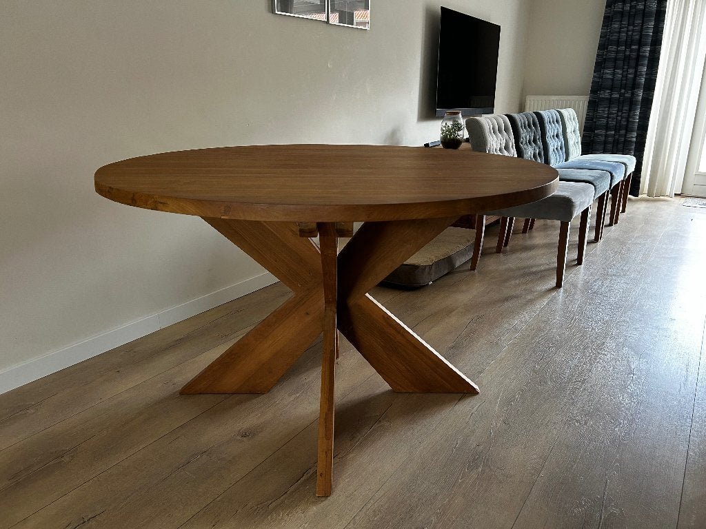 Massief Teakhouten Ronde Eettafel – Ø 130 cm, Huis en Inrichting, Ophalen, Zo goed als nieuw, Vier personen, 100 tot 150 cm