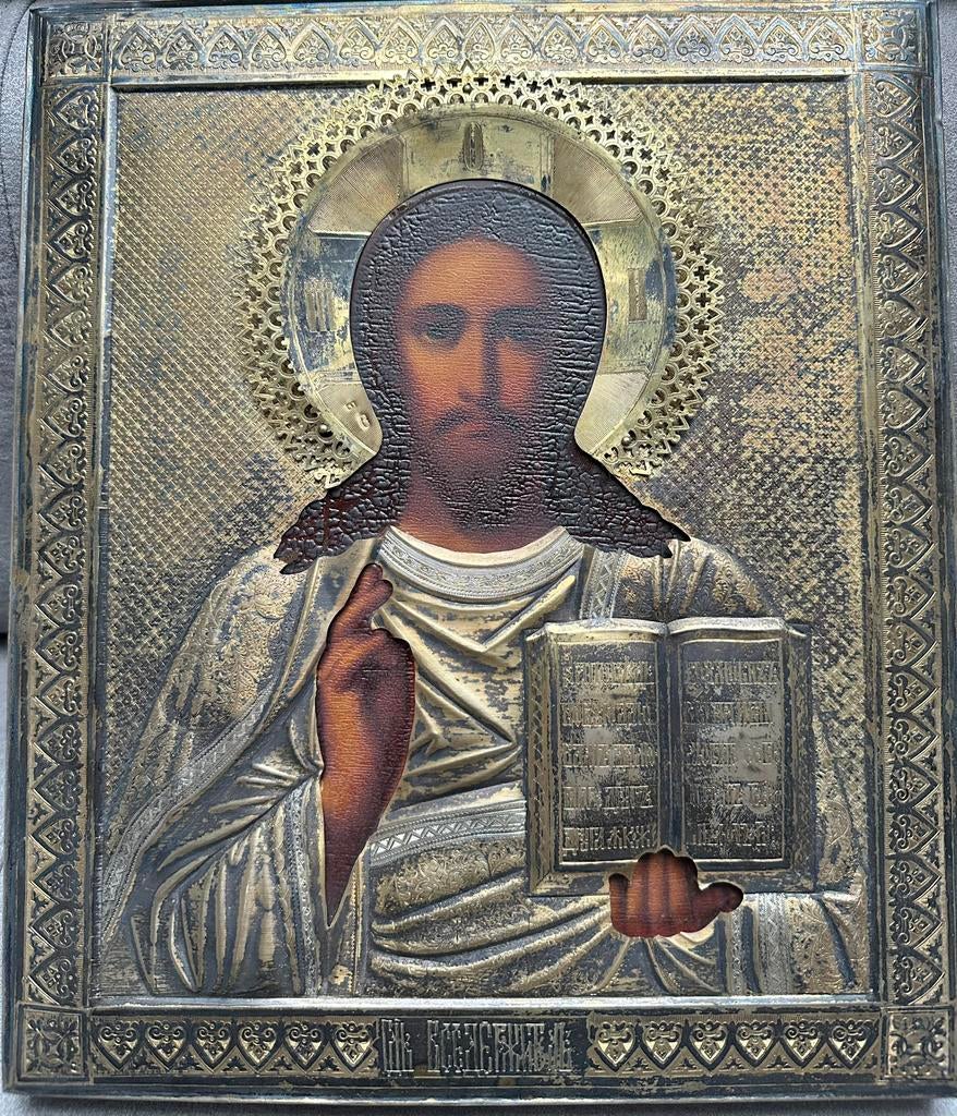 antieke Russisch-orthodoxe icoon van Christus Pantocrator, Ophalen of Verzenden, Zo goed als nieuw