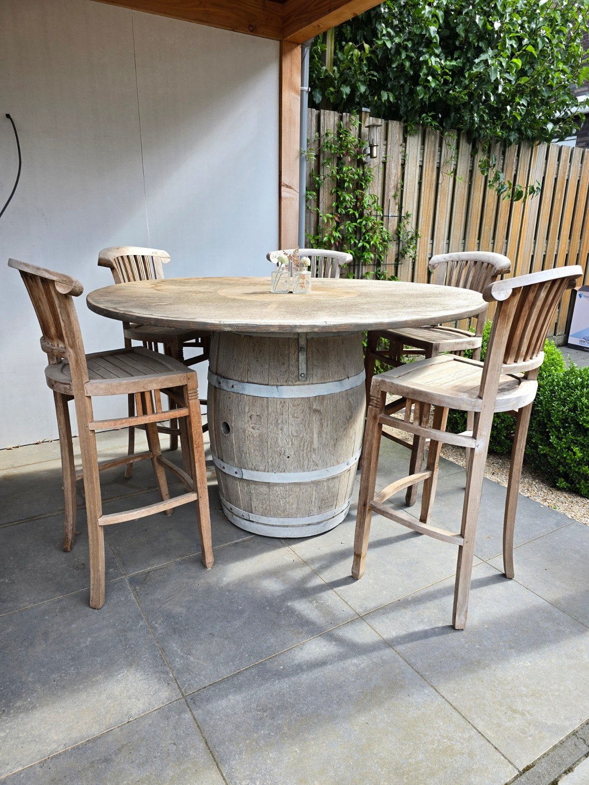 Wijnvat Bartafel met 6 Barkrukken - Mediterrane Stijl, Tuin en Terras, Tuintafels, Ophalen, Gebruikt