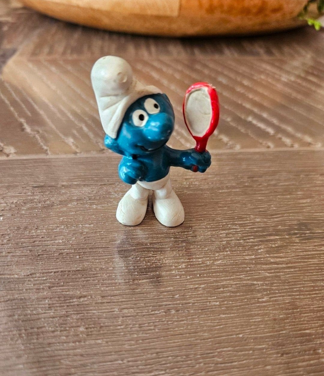 Zeldzame Vintage Schleich Smurf met Spiegel (1972), Ophalen of Verzenden, Gebruikt, Overige Smurfen, Poppetje, Figuurtje of Knuffel