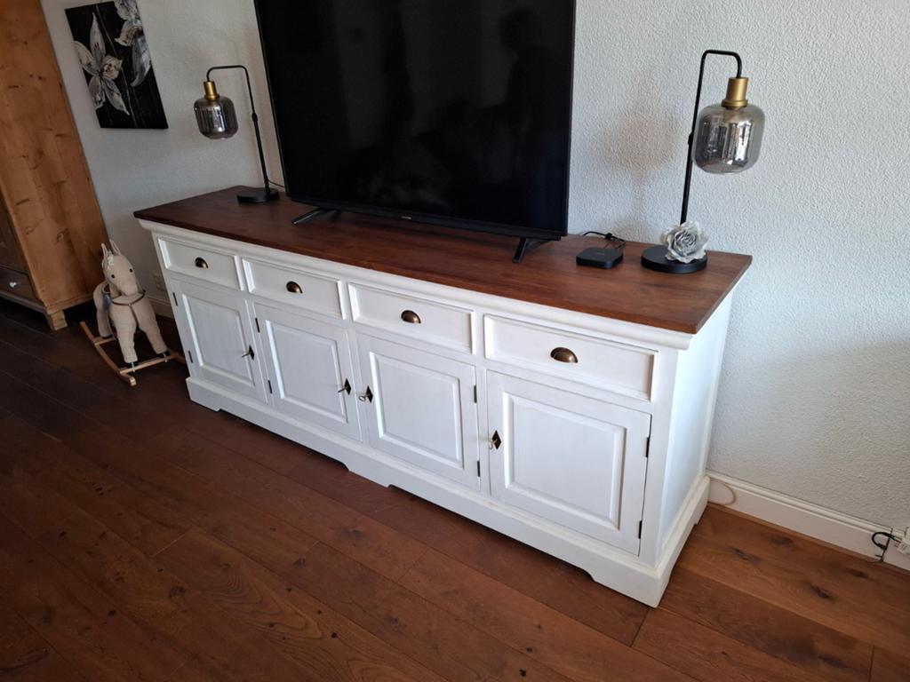 Landelijk dressoir/tv-meubel wit met houten blad, Ophalen, Gebruikt, Landelijk, 200 cm of meer