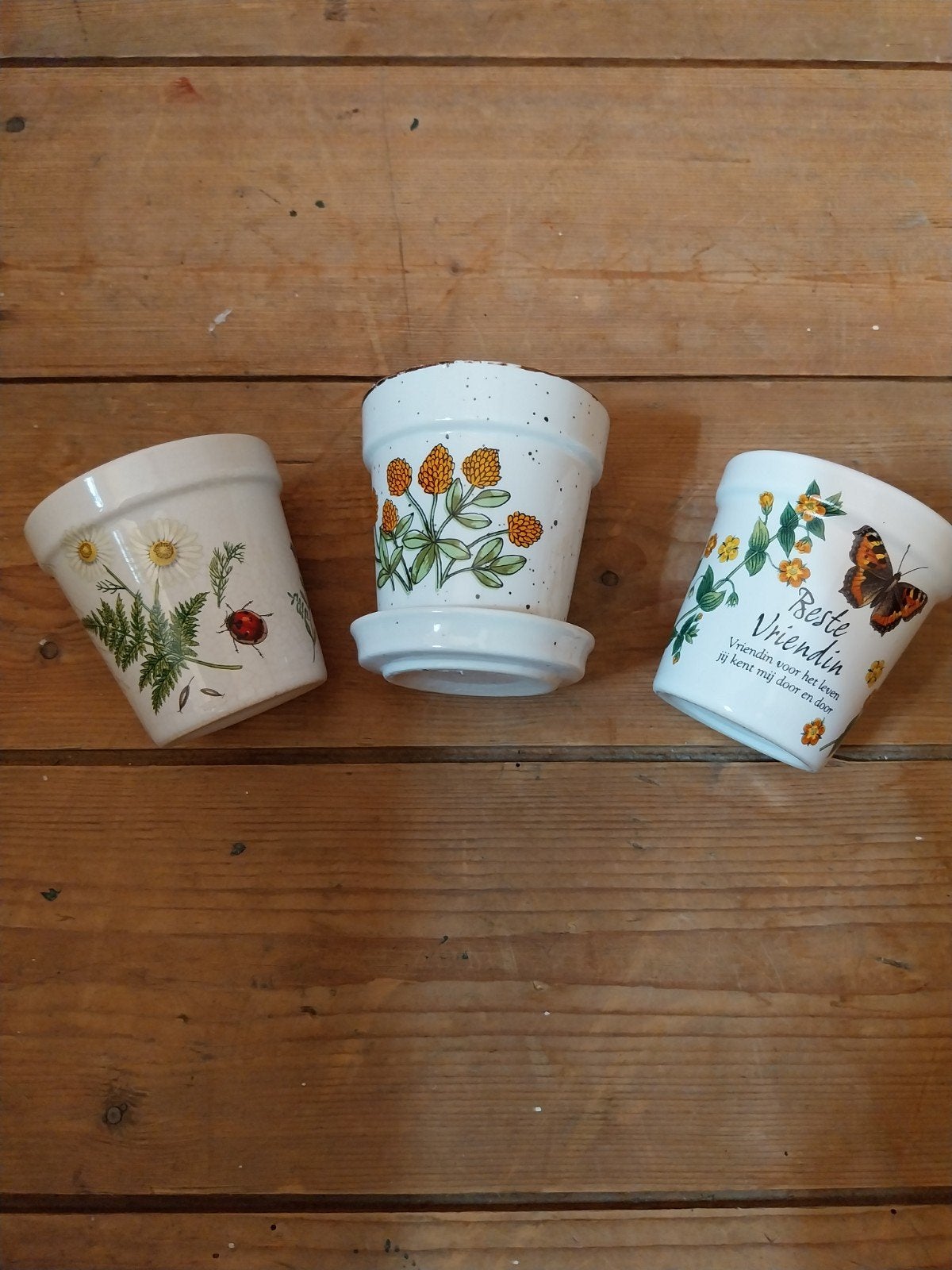 Set van 3 keramische bloempotten met decoratie, Tuin en Terras, Gebruikt, Rond, Ophalen of Verzenden, Balkon