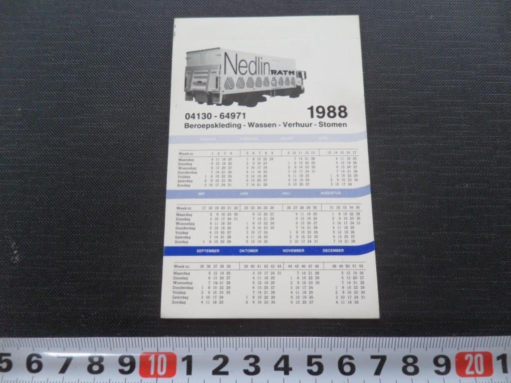sticker Kalender 1988  Veghel  NEDLIN RATH  Wassen, Ophalen, Zo goed als nieuw