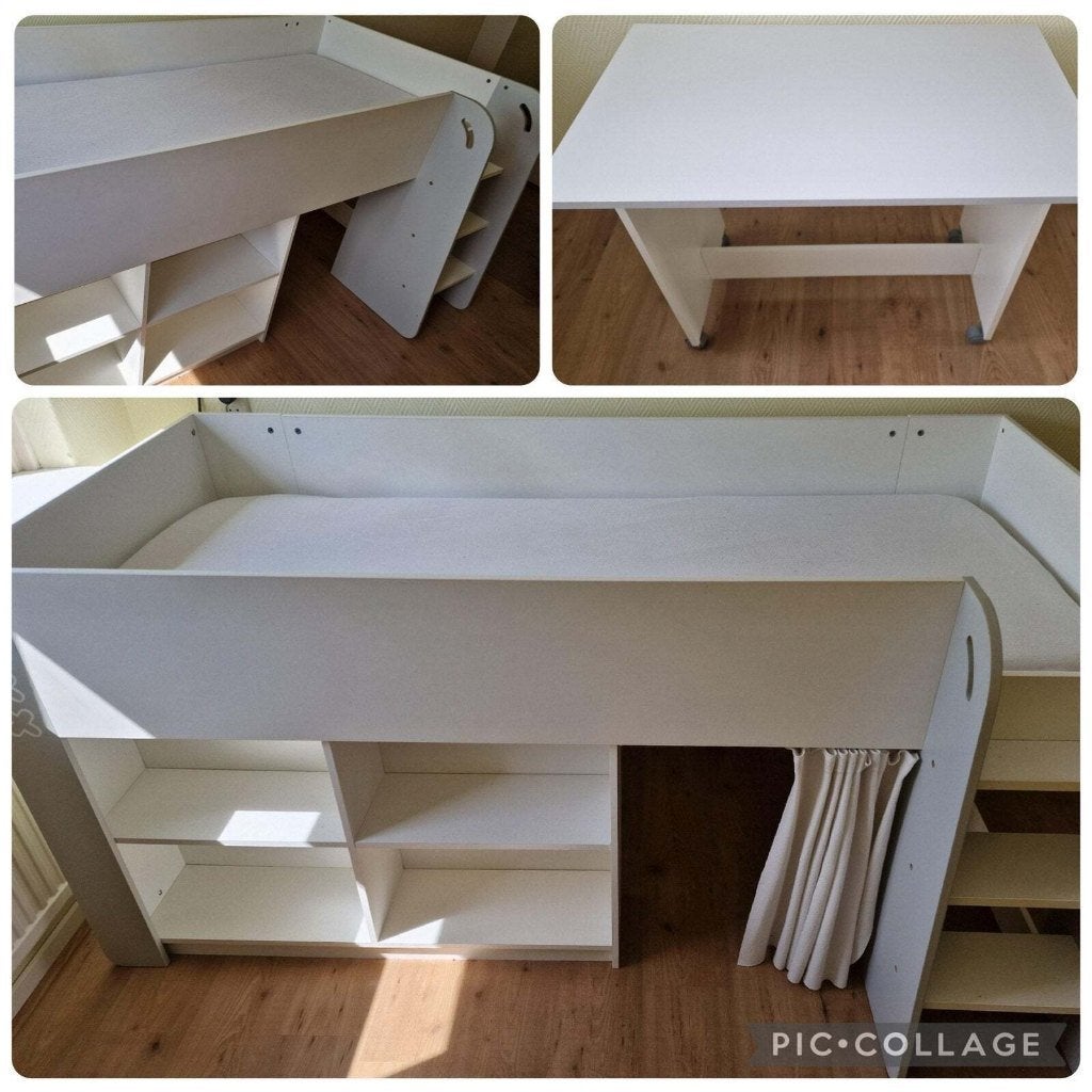 Hoogslaper + bureau (wit/grijs, 200x90), Kinderen en Baby's, Ophalen, Zo goed als nieuw, Hoogslaper