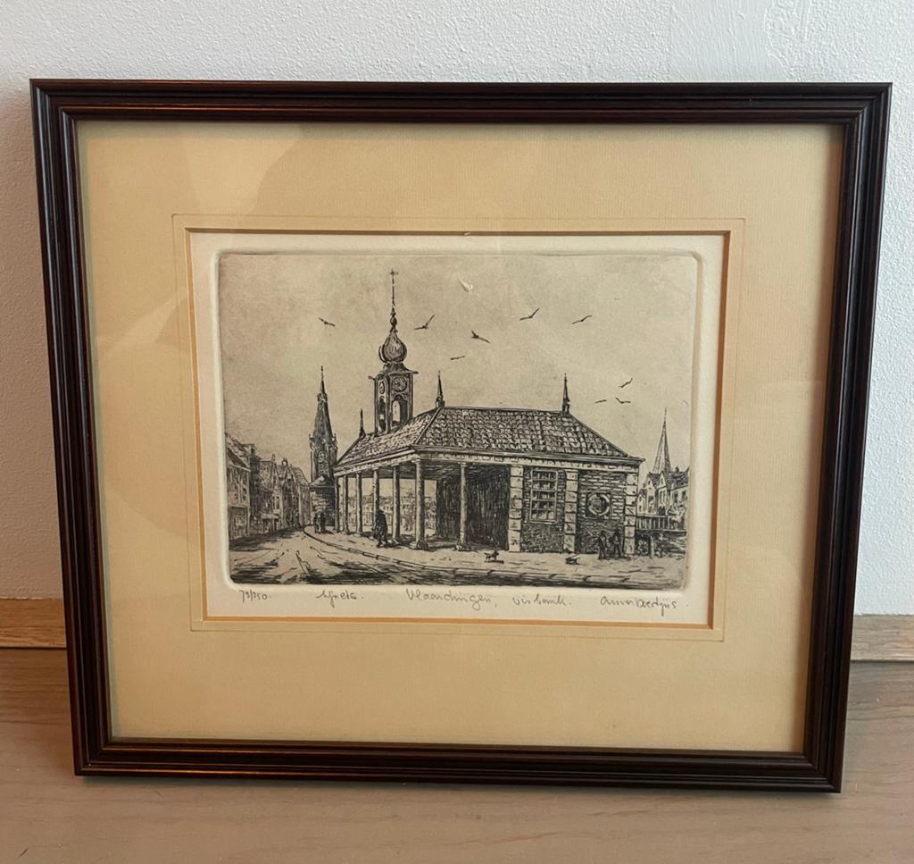 Ets Vlaardingen Visbank Anna Doedijns 73/250, Antiek en Kunst, 26 cm, Ets, Stadsgezicht, Origineel