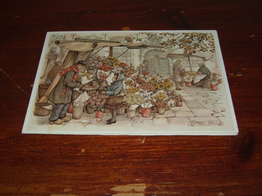 142- Anton Pieck kaart - Bloemenmarkt, 1960 tot 1980, Gebruikt, Verzenden, Prent