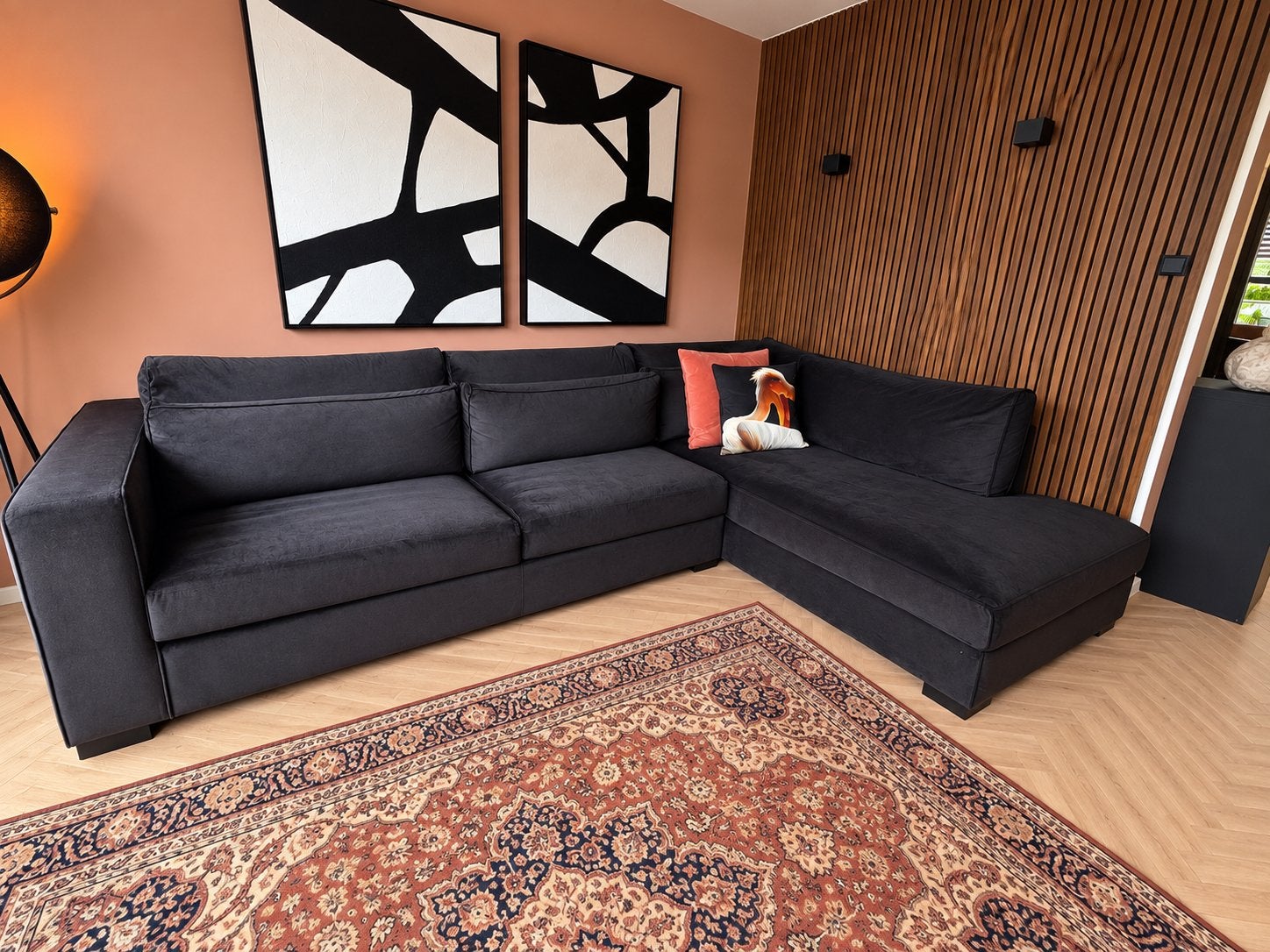 Grote zwarte hoekbank lounge - Velvet - Zo goed als nieuw, Ophalen, Zo goed als nieuw, Stof