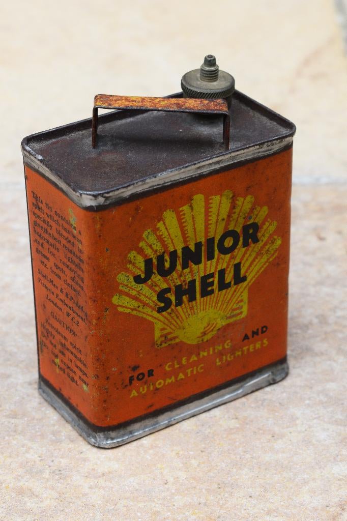 oud olie blik junior shell uit 1930, Verzamelen, Merken en Reclamevoorwerpen, Ophalen of Verzenden, Gebruikt, Reclamebord