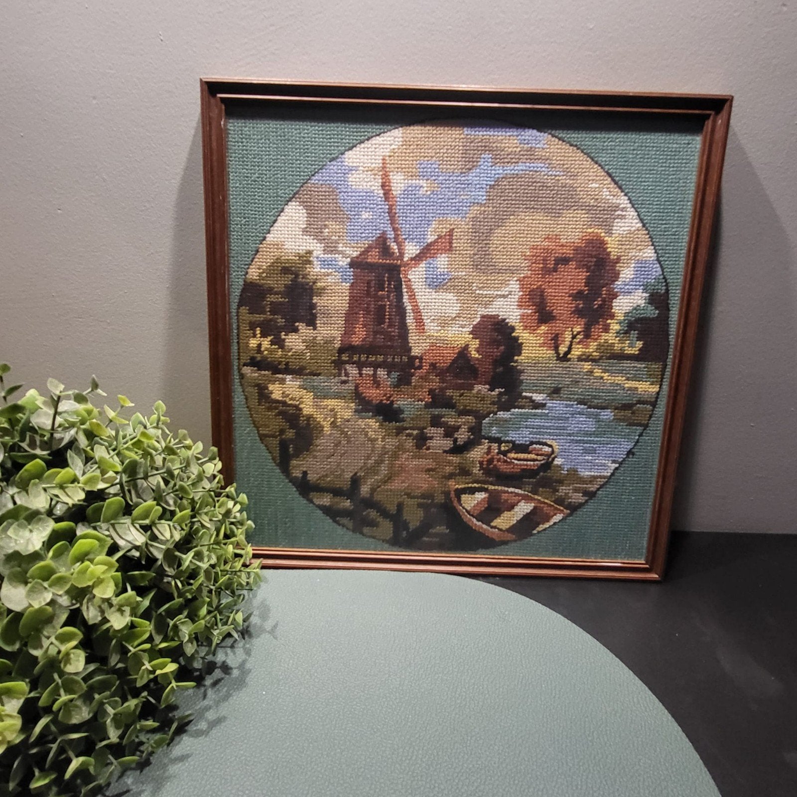 Borduurschilderij Molenlandschap 31,5x31,5 cm, Ophalen of Verzenden, Gebruikt, Handborduren, Overige typen
