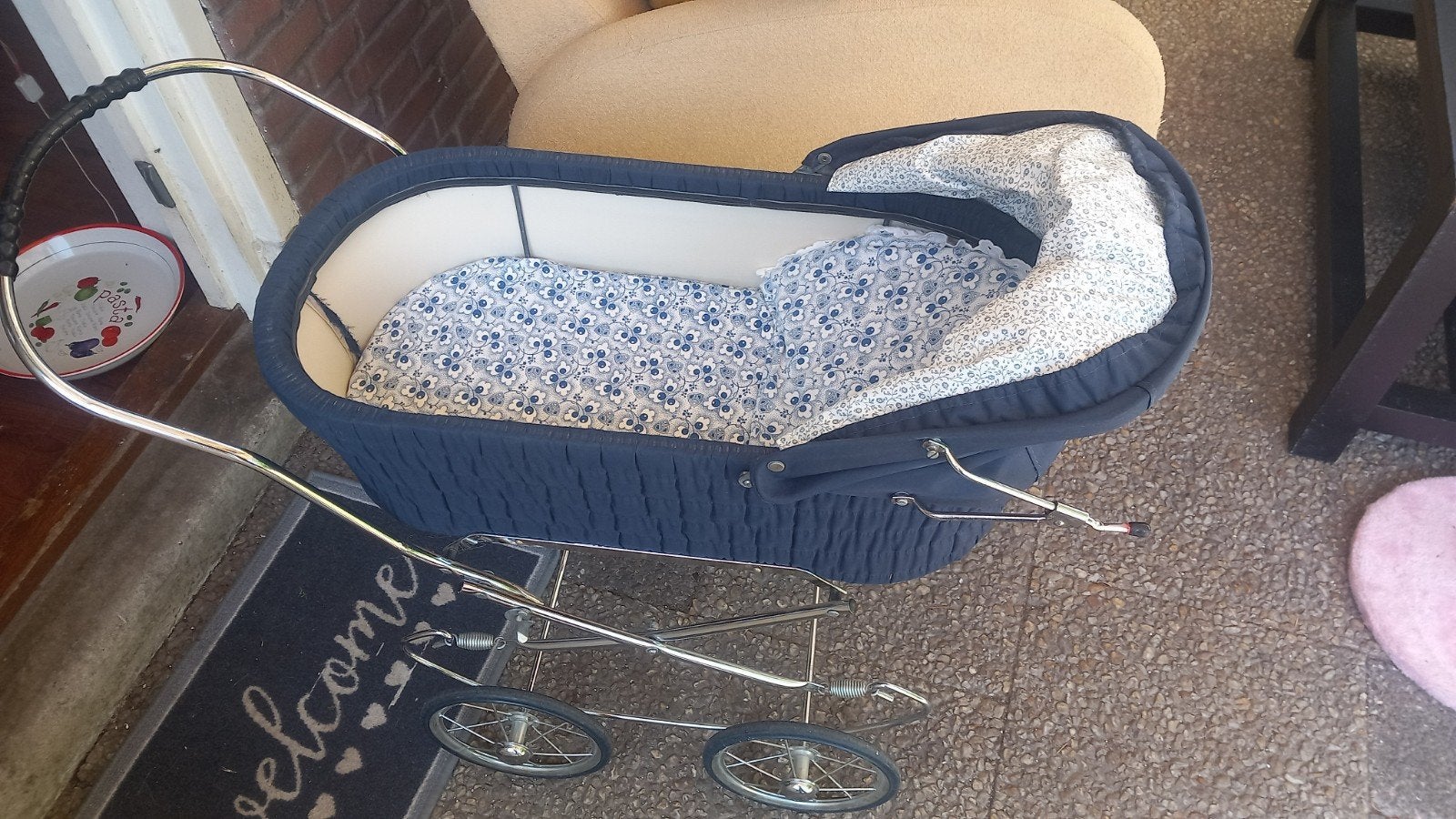 Vintage poppen kinderwagen - Blauw met accessoires, Ophalen, Gebruikt, Overige typen