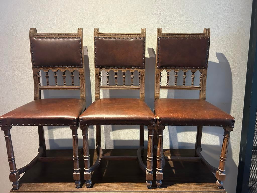 6 Antieke stoelen, leer en hout, alleen ophalen, Ophalen