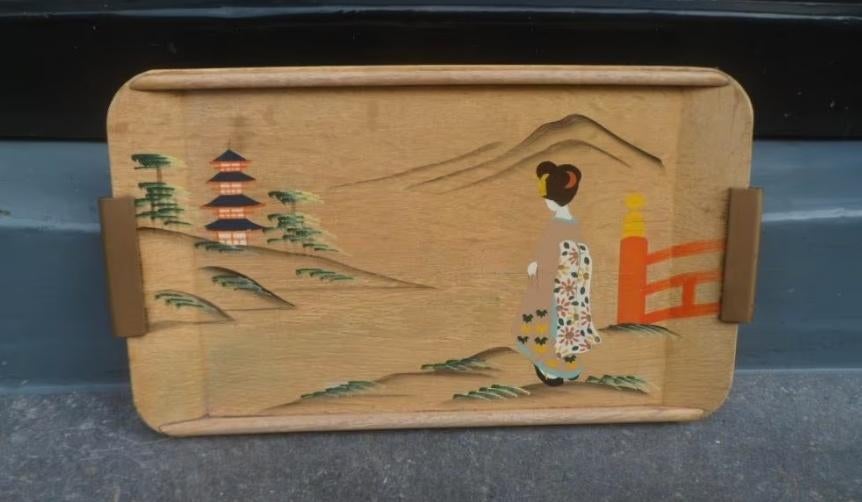 Houten Japans dienblad messing handgrepen presenteerblad, Ophalen of Verzenden, Gebruikt, Rechthoekig, Hout