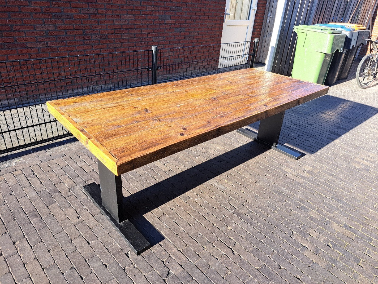 Stamtafel 213x88x74 cm met matzwart onderstel, Huis en Inrichting, Tafels | Eettafels, Gebruikt, 200 cm of meer, 50 tot 100 cm