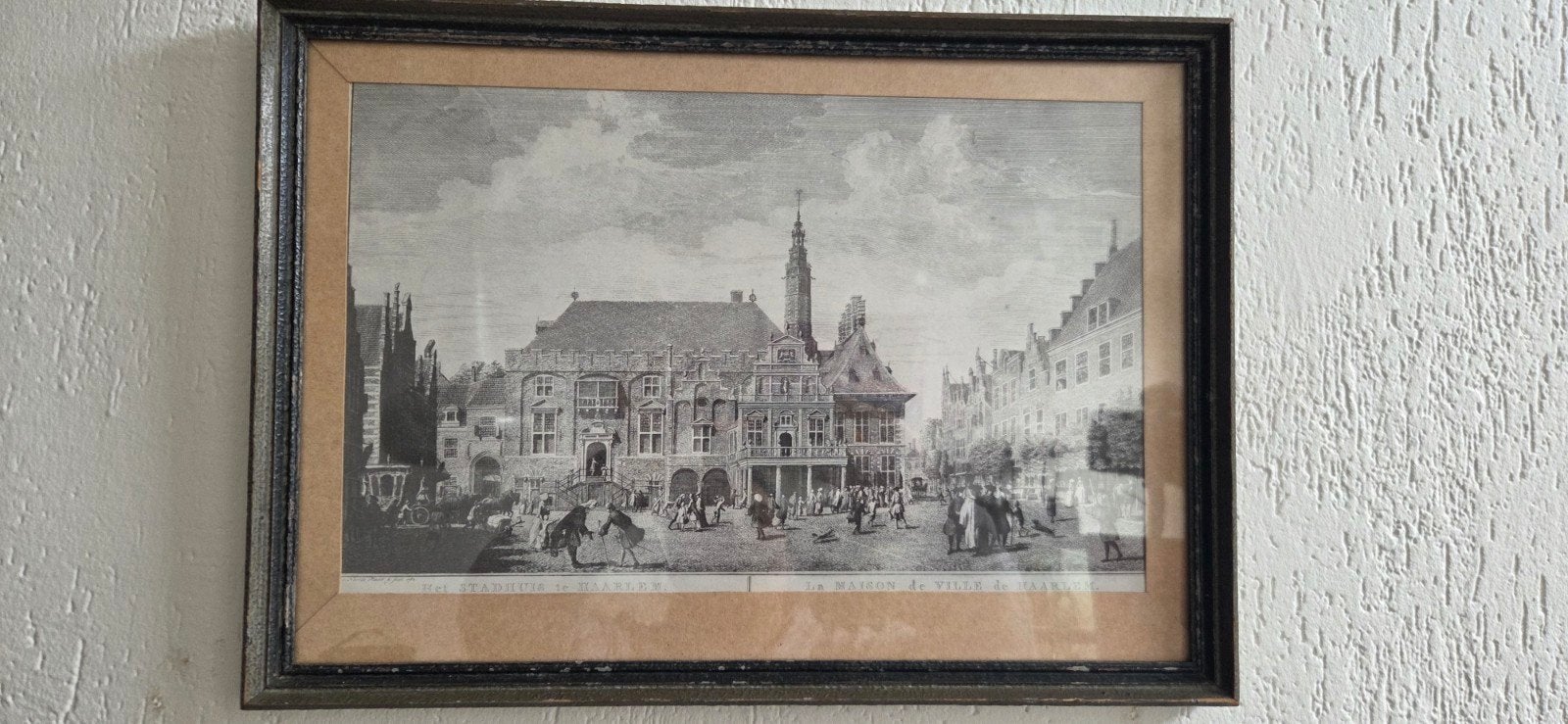 Antieke Ets Stadhuis Haarlem 1764 - P.J. Rijnbout Utrecht, Ingelijst, Ets, Stadsgezicht, Ophalen of Verzenden