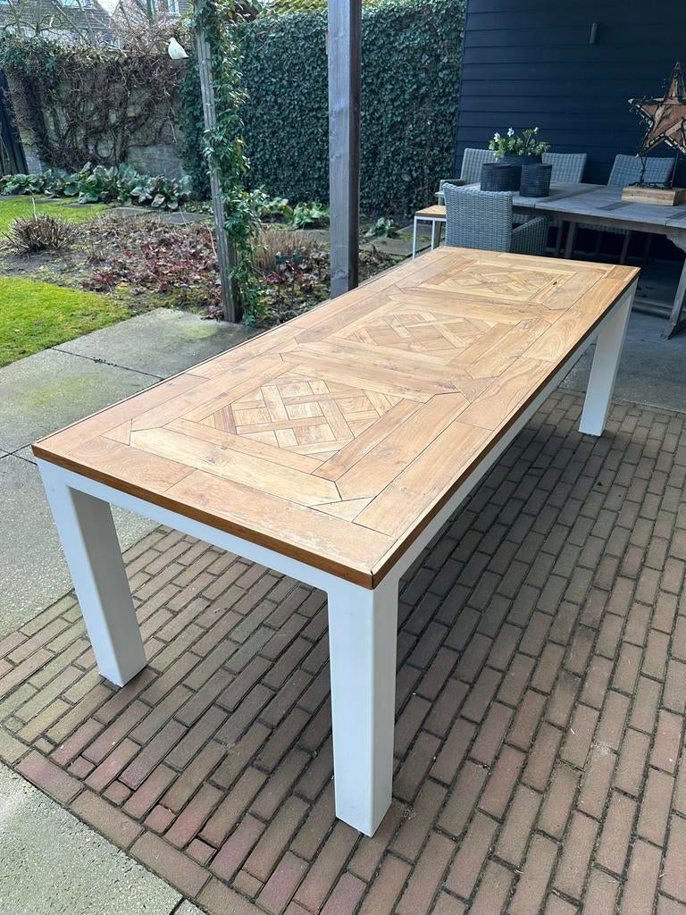 Grote houten eettafel met wit onderstel, Ophalen of Verzenden, Zo goed als nieuw