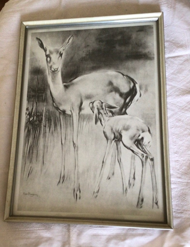 Han van Meegeren, hert met jong, in lijst, 23x33cm, Antiek en Kunst, Ophalen of Verzenden, Overige typen