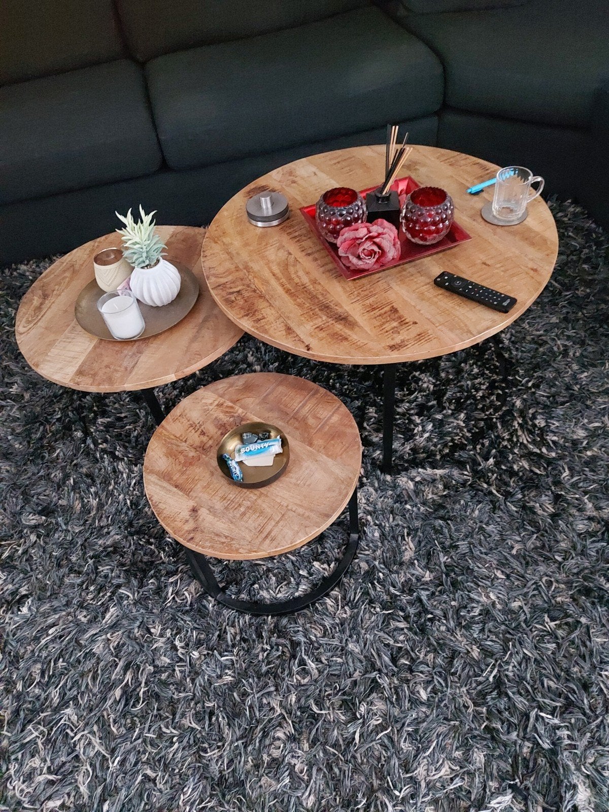 Mooie mango houten set van 3, 50 tot 100 cm, Rond, Zo goed als nieuw, Minder dan 50 cm