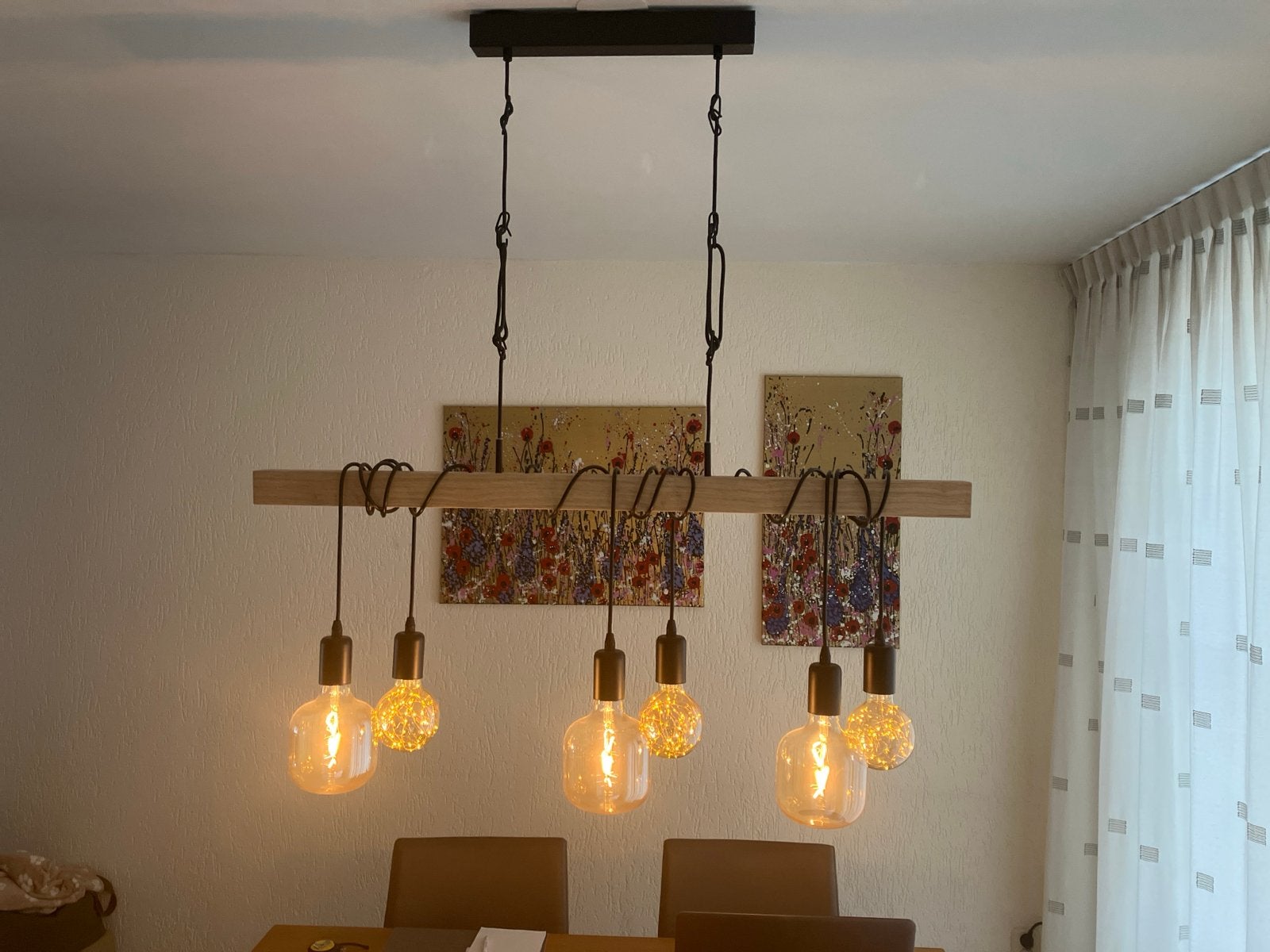 Industriële hanglamp met houten balk en 6 Edison gloeilampen, Ophalen of Verzenden, Zo goed als nieuw, Hout, E27 (groot)