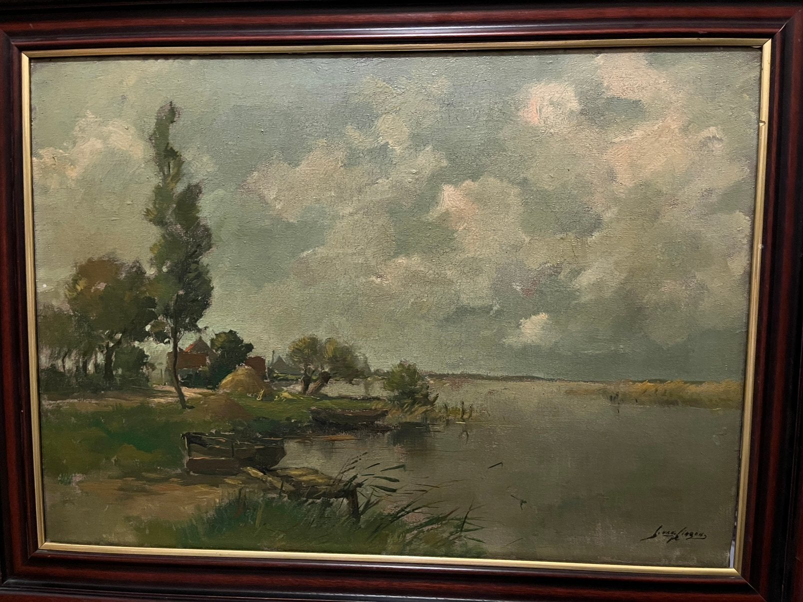 Antiek groot olieverf landschap schilderij, Ophalen