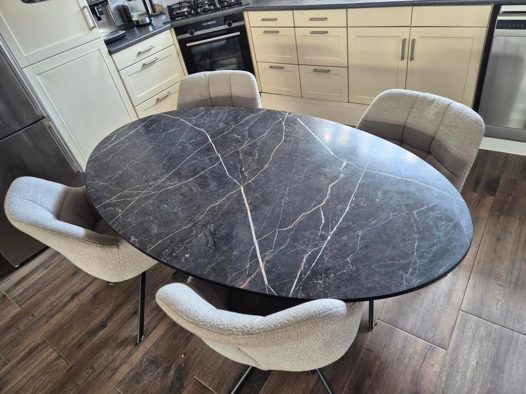 Marmer look eettafel  met stoelen, Ophalen, 100 tot 150 cm, Zo goed als nieuw, 150 tot 200 cm