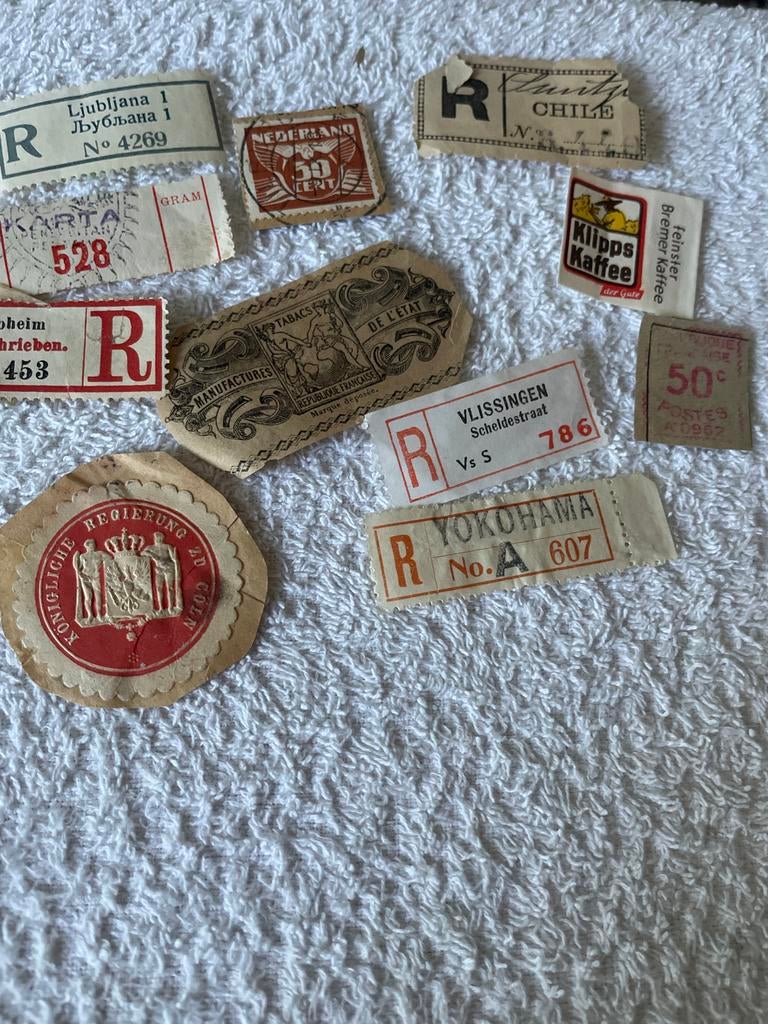 Diverse collectie oude postzegels en etiketten, Postzegels en Munten, Postzegels | Nederland, Gestempeld, T/m 1940, Ophalen of Verzenden