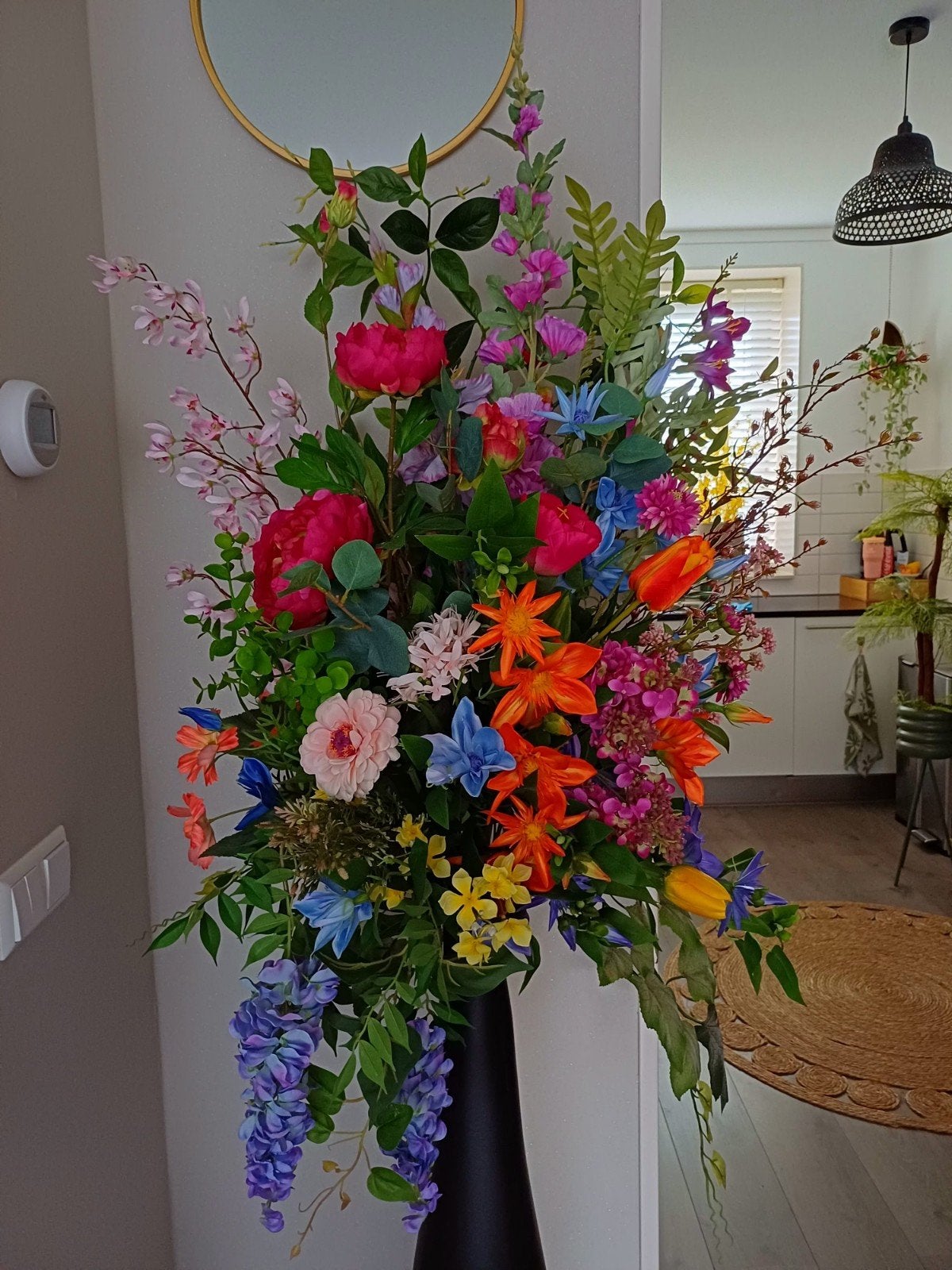 Groot Luxe Kunstbloemen Boeket met Zwarte Vaas - 150 cm, Binnen, Ophalen of Verzenden, Boeket, Meerkleurig