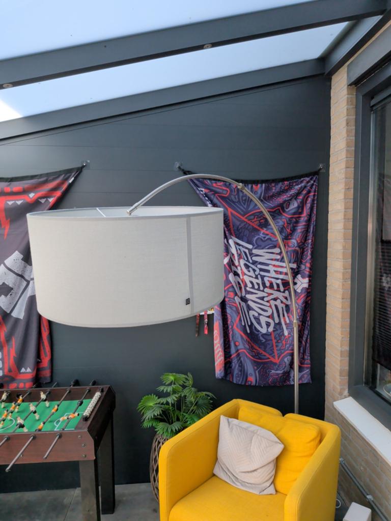 Moderne booglamp vloerlamp met kap en extra antraciete, Modern, Industrieel, Ophalen of Verzenden, Zo goed als nieuw, Stof