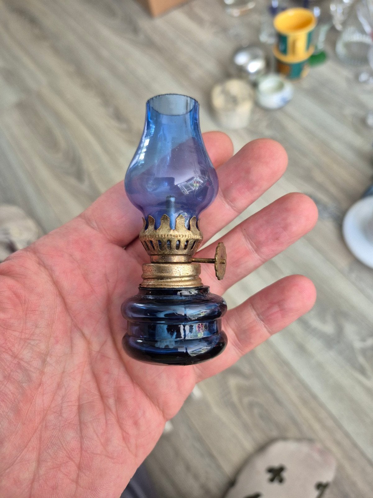 Miniatuur olielampje - Blauw glas, Ophalen of Verzenden