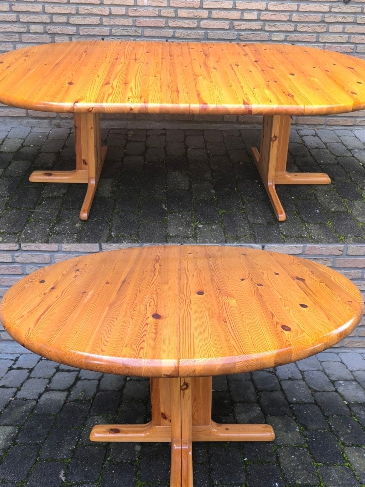 Deense lange vintage jaren 60 uitschuifbare ronde eettafel, Ophalen, Gebruikt, Grenenhout, Deens mid century