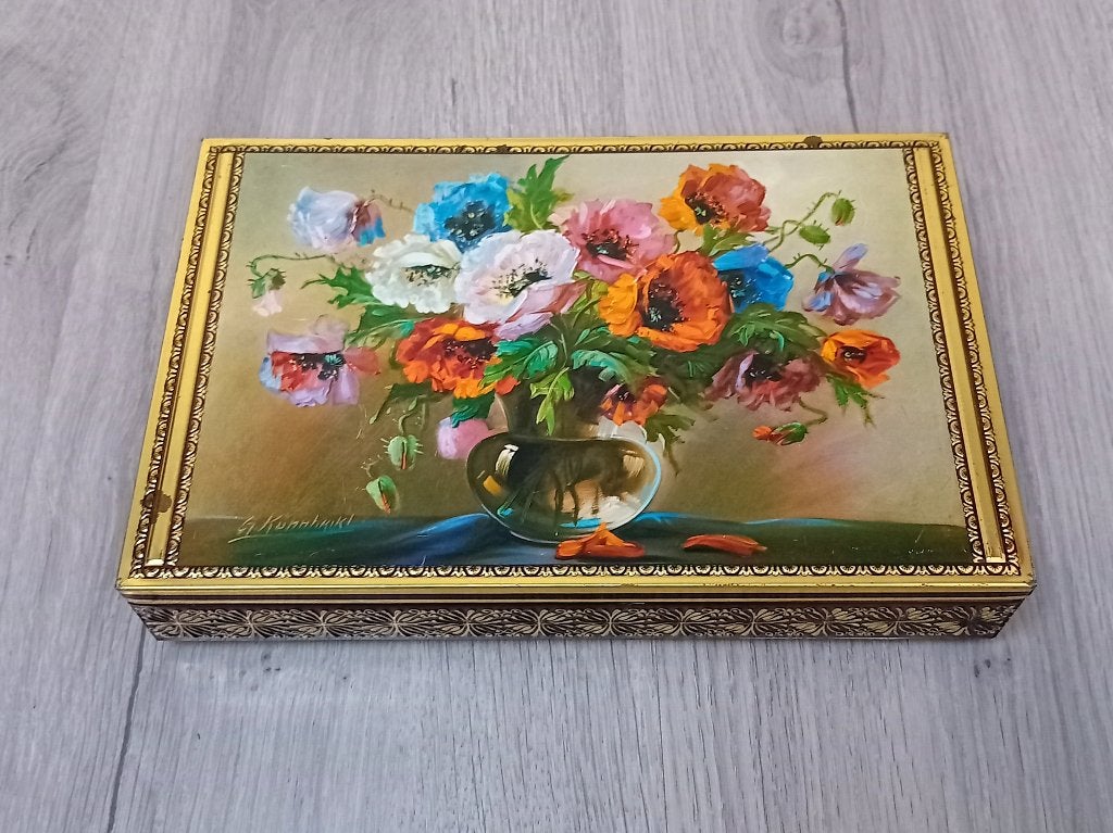vintage blikken doos met  bloemen en boeket, Verzenden, Gebruikt, Overige