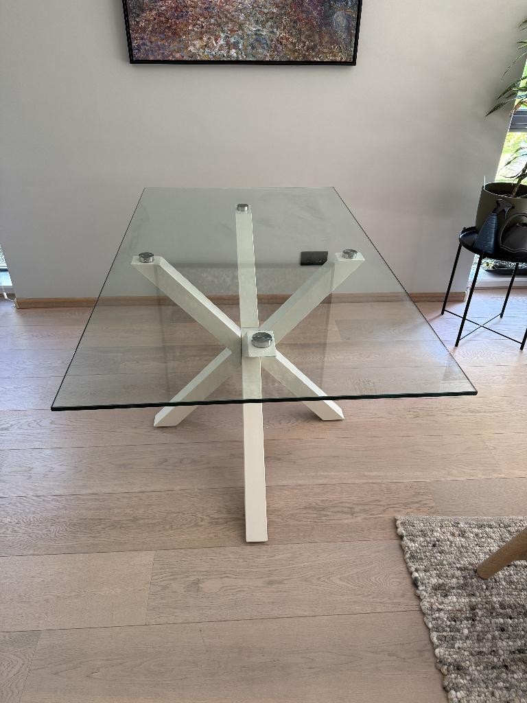 Glazen eettafel met stalen poot 90x160x75cm, Ophalen, 50 tot 100 cm, Zo goed als nieuw, Glas