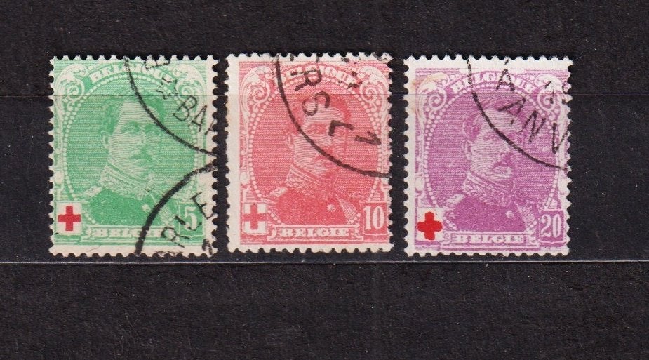 België 1914 OBP 129/131 Rode kruis gestempeld, Postzegels en Munten, Ophalen, Koninklijk huis, Gestempeld, Gestempeld