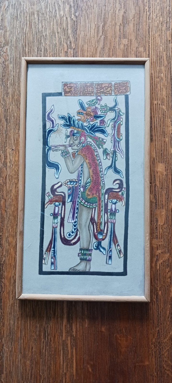 MAYAANS LEDEREN KLEURRIJKE PYROGRAFIE  DE GOD L. 40 CM HOOG, Antiek en Kunst, Ophalen of Verzenden
