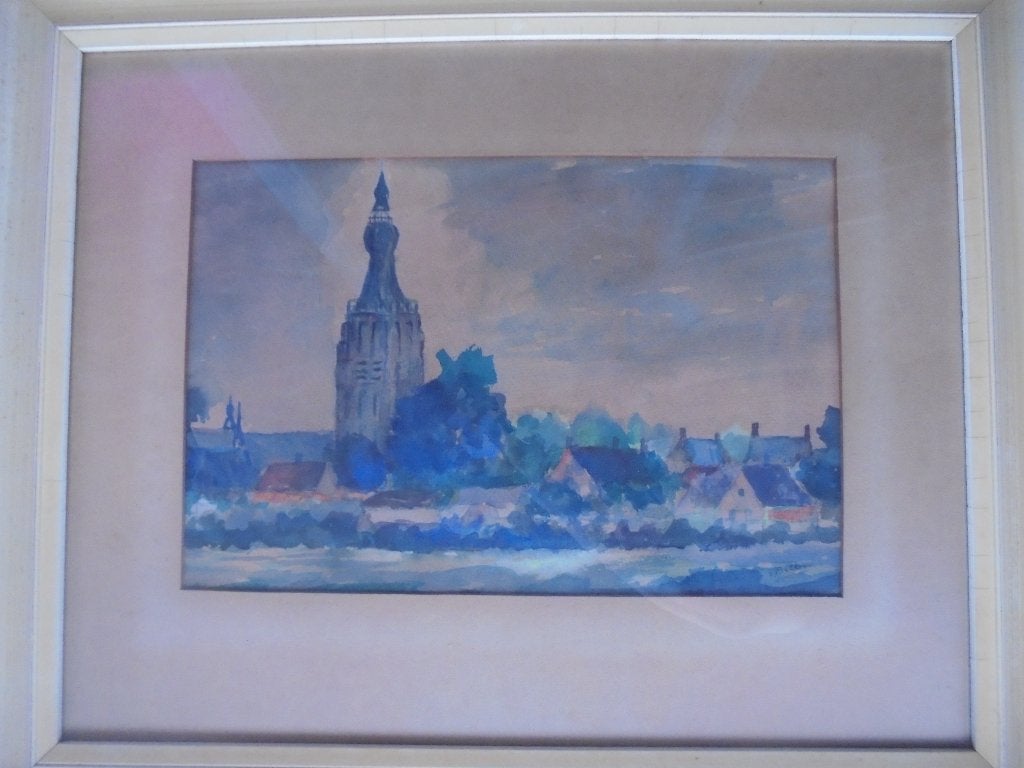 impressionistisch stadsgezicht hilvarenbeek v.belkom, Antiek en Kunst, Impressionistisch, Ophalen of Verzenden, Aquarel, Origineel werk