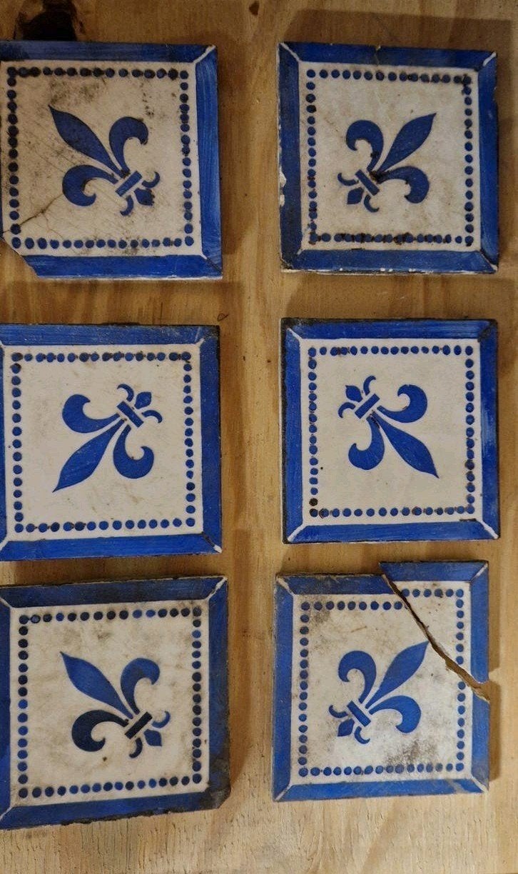 Antieke Franse Lelie Tegels - Set van 6 11x11 cm, Antiek en Kunst, Ophalen of Verzenden