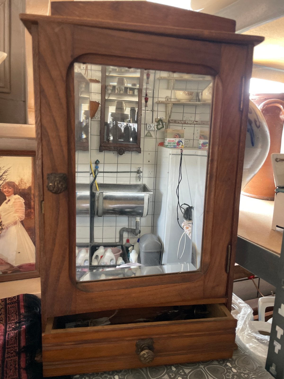Vintage Houten Wandkastje met Spiegel en Lade, Antiek en Kunst, Ophalen
