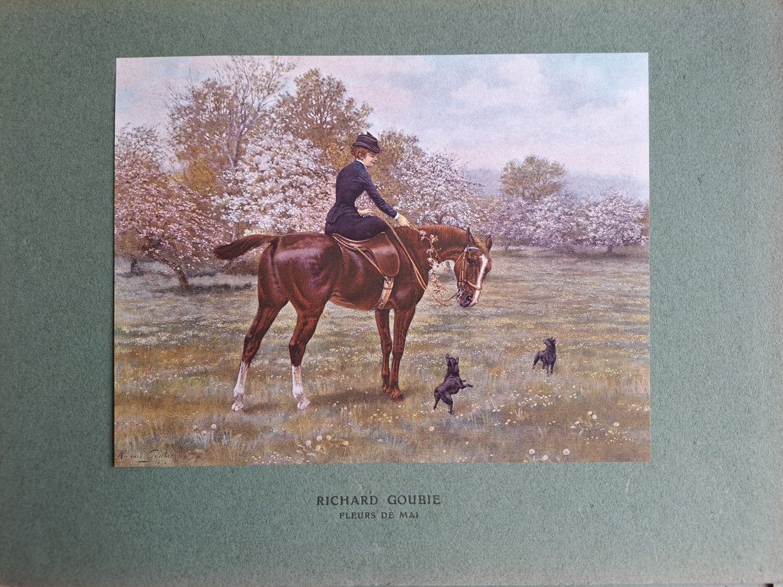 Antieke Litho 1900 'Fleurs de Mai' - Amazone & Paard, Antiek en Kunst, Kunst | Litho's en Zeefdrukken, Ophalen of Verzenden