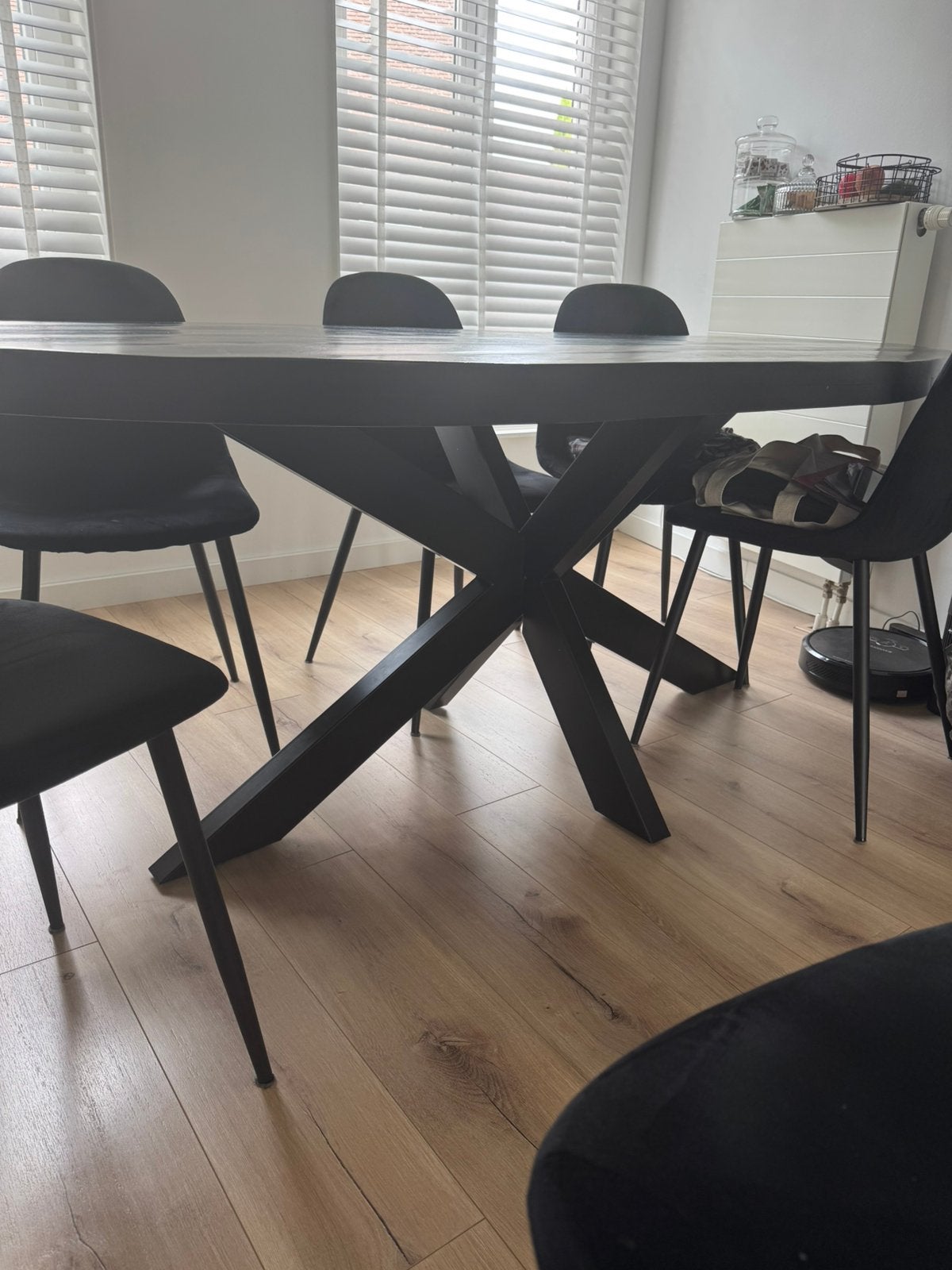 Mangohouten eettafel + 6 stoelen + lamp, Ophalen, Gebruikt, 100 tot 150 cm, Rond