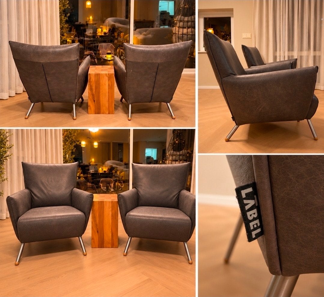 2x Label Cheo Fauteuil - Gerard van den Berg - grijs Leer, Ophalen, Gebruikt, Leer, 75 tot 100 cm