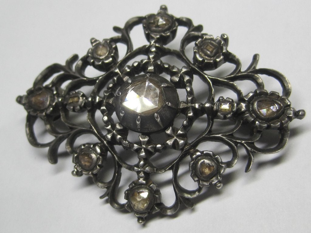 Diamant broche Holland ca 1880 zeldzaam 8 krt diamant, Ophalen, Zilver, Broche, Met edelsteen