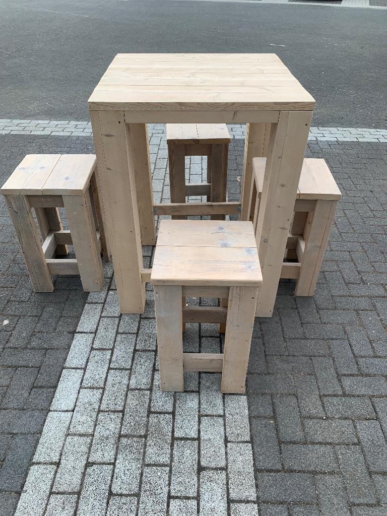 Steiger houten bartafel + 4 krukken, Ophalen, Zo goed als nieuw, 90 cm of meer, 4 krukken