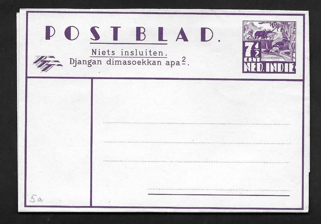 Ned. Indië Postblad 5a. Zegel karbouwen 7½ cent violet., Postzegels en Munten, Ophalen of Verzenden, Overige typen